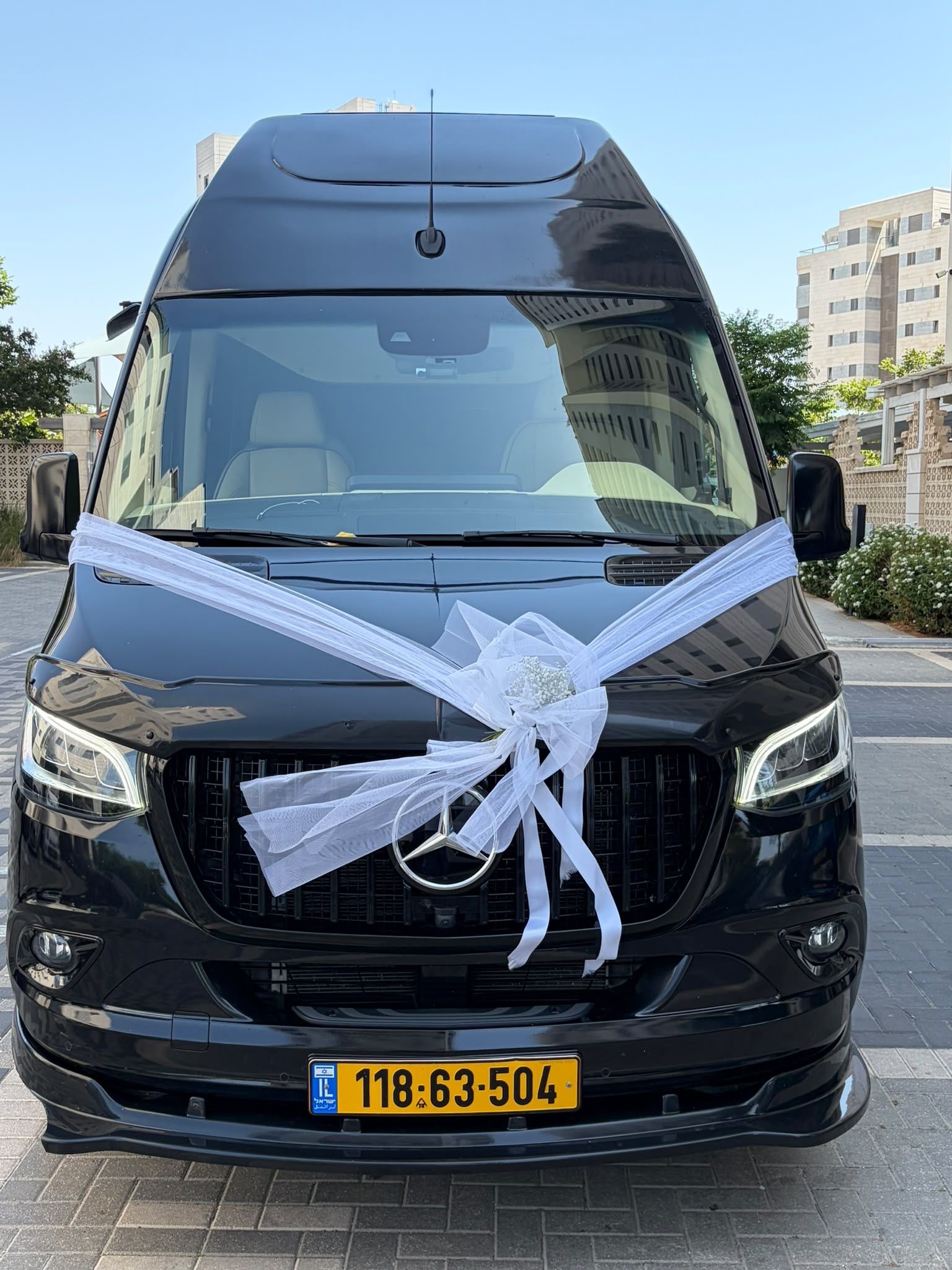 A white tulle bow tied to a wedding car.